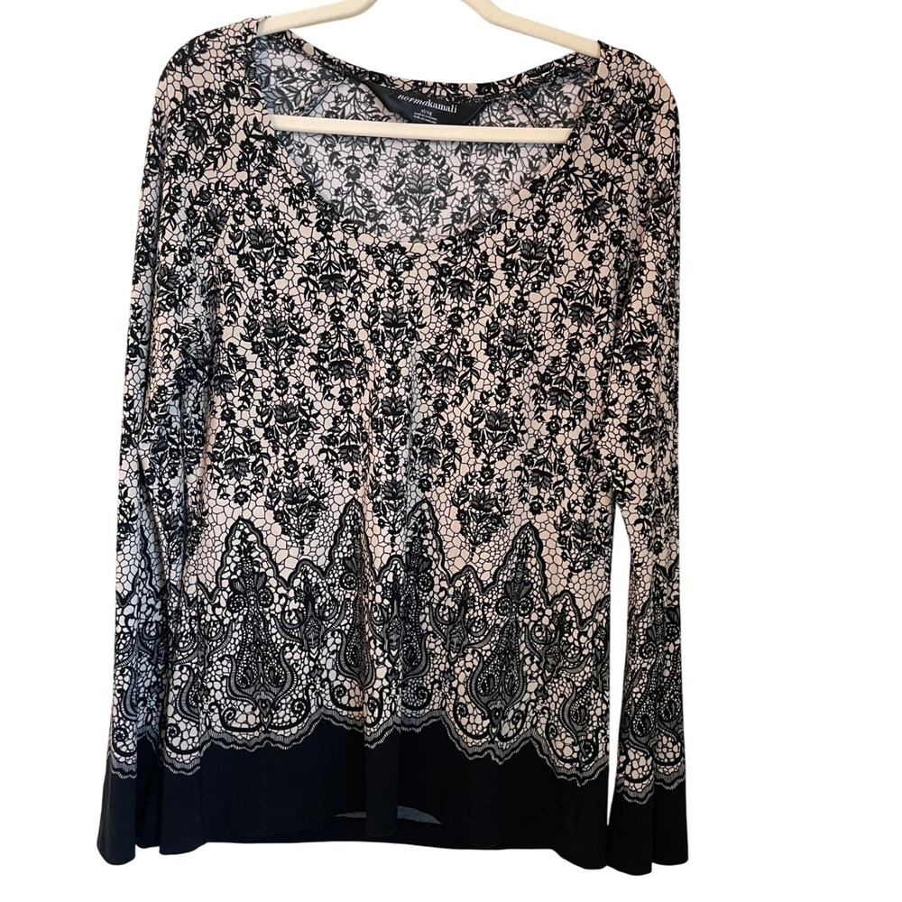Norma Kamali XL Long Sleeve Scoop Neck Lace Print Stretch Tunic Top Cream Black